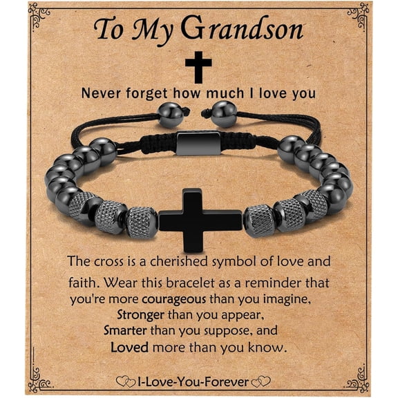 NICKSUN Cross Bracelet Gifts for Boys Men, Adjustable Obsidian Beads Bracelet Christian Religious Bapstim Jewelry Gifts for Son Grandson Teenage Teen Boys