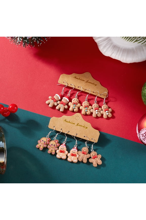 Cute Christmas Gingerbread Man Dangle Drop Earrings for Women, 6 Pairs Pack Cartoon Enamel Gingerbread Cookie Hook Earrings, Holiday Party Costume Jewelry Gift Set