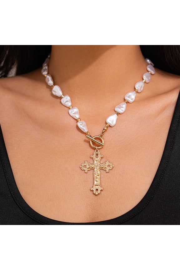 Dainty Cross Pendant Chain Necklace 18K Gold Plated Oval Choker Fashion OT Toggle Jewelry Handmade for Women Simple Gold Charm Necklace