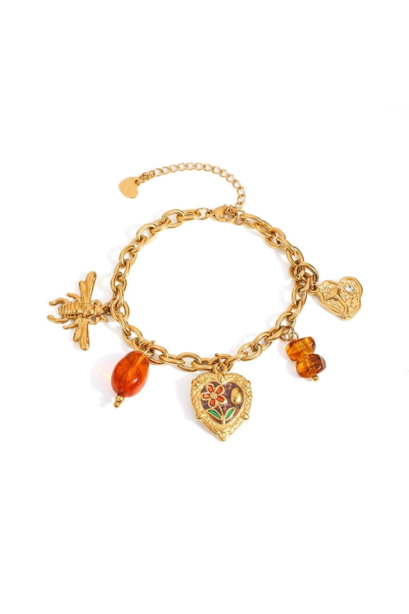 Dainty Flower Bee Charm Stainless Steel Bracelet for Women Trendy 18k Gold Plated Pearl Pendant Chunky Adjustable Cuban Link Chain Summer Beach Insect Vacation Jewelry Gift