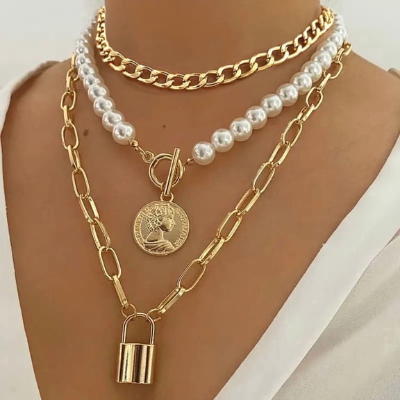 NICKSUN Dainty Layered Baroque Imitation Pearl OT Clasp Necklace for Women,Vintage Paperclip Imitation Pearl Chain Choker Necklace Adjustable Beaded Ball Chain Fashion Retro Charm Jewelry