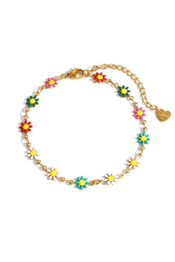 Daisy Bracelet 18K Gold Plated for Women, Colorful Flower Charm Adjustable Chain, Stainless Steel Vintage Jewelry Birthday Gift for Mom Best Friend