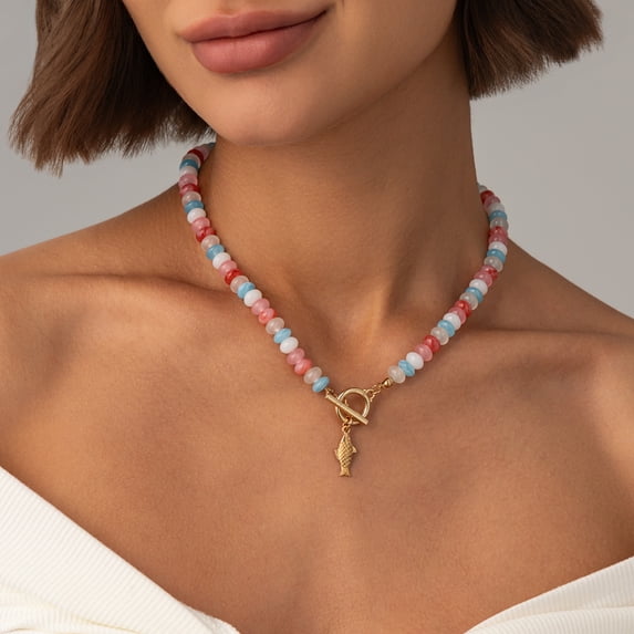 NICKSUN Dopamine Color Disc Beaded Choker with Gold Fish Pendant, Ocean Style OT Toggle Clasp Necklace