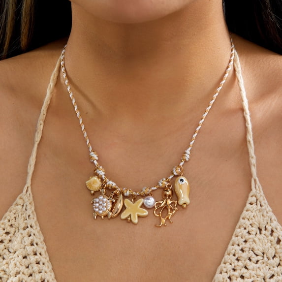 NICKSUN Dopamine Contrast Color Braided Rope Necklace, Gradient Glazed Fish Starfish Seashell Multi-Charm Choker, Bohemian Beach Vacation Statement Neck Jewelry