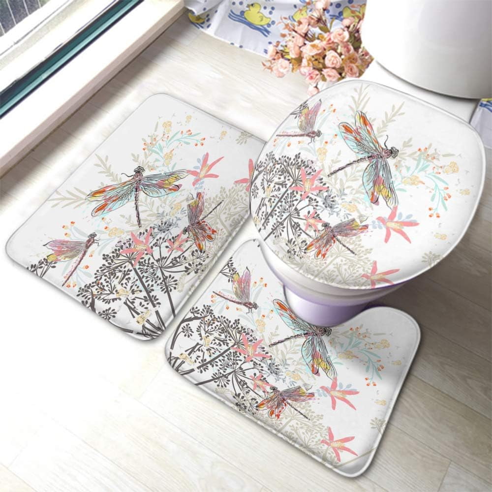 NICKSUN Dragonfly Bathroom Rugs Sets 3 Pieces, Inculding UShaped