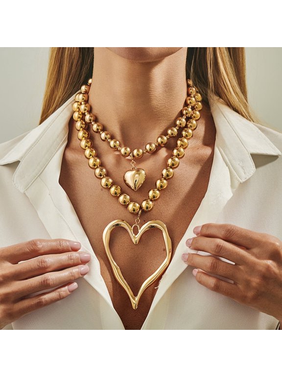 Exaggerated Heart Pendant Necklace,Charming Plated Gold Chunky Love Ball Statement Choker,Sweet Heart Beaded Collar Necklace for Women