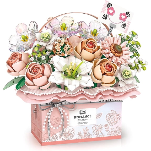NICKSUN Flowers Bouquet Building Blocks Model Set, DIY Simulation Artificial Rose Bouquet Handheld Gift Box for Valentine's Day, Home Decor(Pink)
