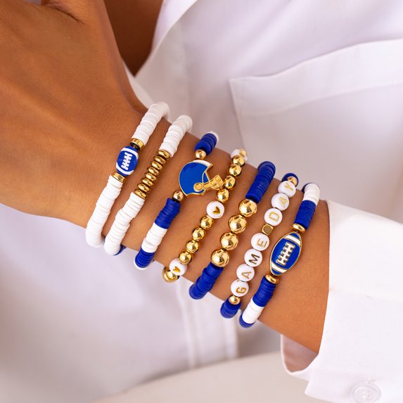 NICKSUN Football Charm Bracelet, Clay Beaded Stretch Bracelet Stack Set Rugby Stackable Wristbands Game Day Letter Star Sport Themed Accessories Jewelry Player Gift for Women Men