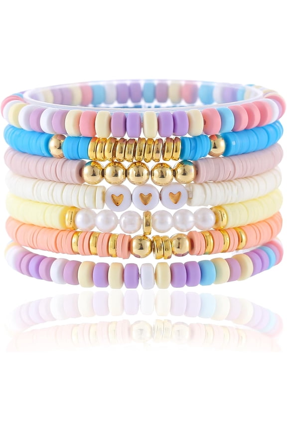 Friendship Bracelets Trendy Heishi Clay Bead Bracelets Stack Gold Beaded Stretch Bracelets for Women Boho Stackable Bracelets Bulk Cute Preppy Jewelry