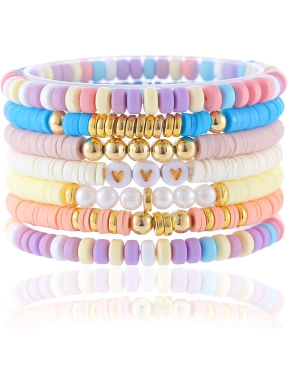 Friendship Bracelets Trendy Heishi Clay Bead Bracelets Stack Gold Beaded Stretch Bracelets for Women Boho Stackable Bracelets Bulk Cute Preppy Jewelry