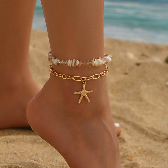 NICKSUN Gold Ankle Bracelets for Women Waterproof Starfish Shell Charm Anklets Trendy Summer Beach Jewelry