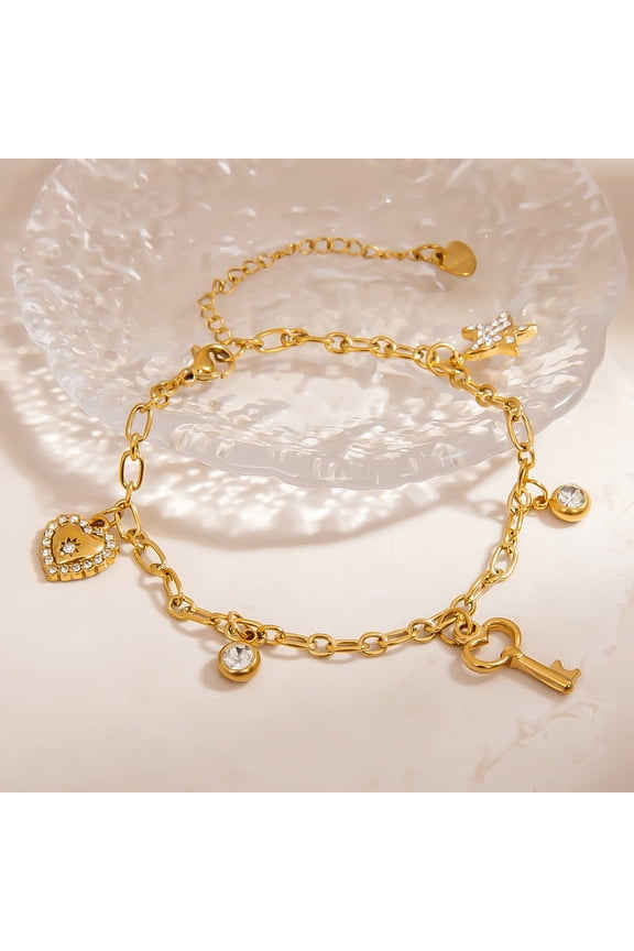 Gold Chain Link Bracelet 18K Gold Plated Love Locked Bracelets for Women, with Crystal, Love Heart,Key, Lock, Charm Bracelet