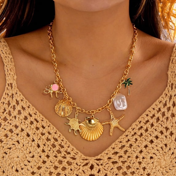 NICKSUN Gold Ocean Charm Choker Necklace, Dainty Paperclip Chain Collarbone Jewelry with Starfish, Conch, Seashell, Octopus & Palm Tree Pendants, Trendy Elegant Coastal Vacation Accessories