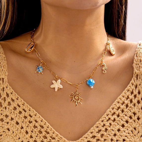 NICKSUN Gold Ocean Charm Choker Necklace, Dainty Paperclip Chain Collarbone Jewelry with Starfish, Conch, Seashell, Octopus & Palm Tree Pendants, Trendy Elegant Coastal Vacation Accessories