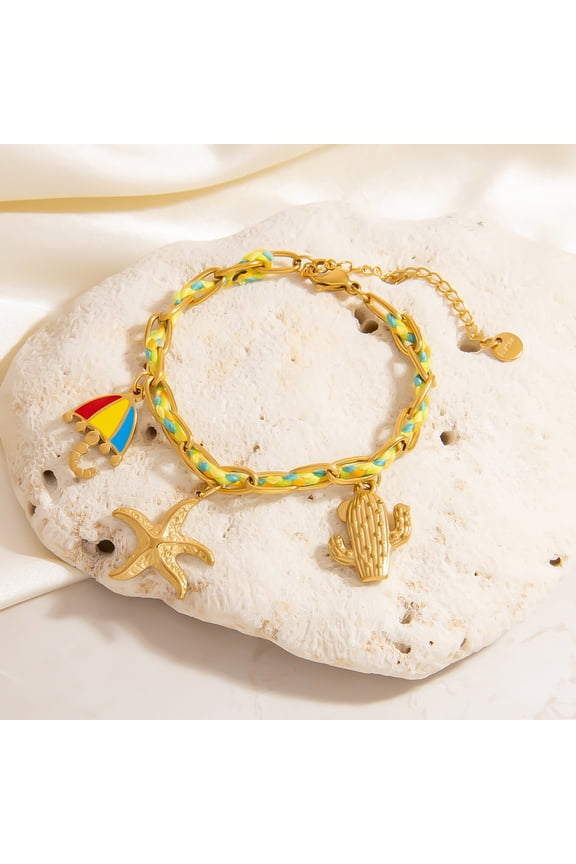 Gold Sea Life Charm Bracelet for Women, Starfish Shell Beach Colorful Rope Bracelet, Adjustable Ocean Jewelry for Summer Vacation Gift for Her