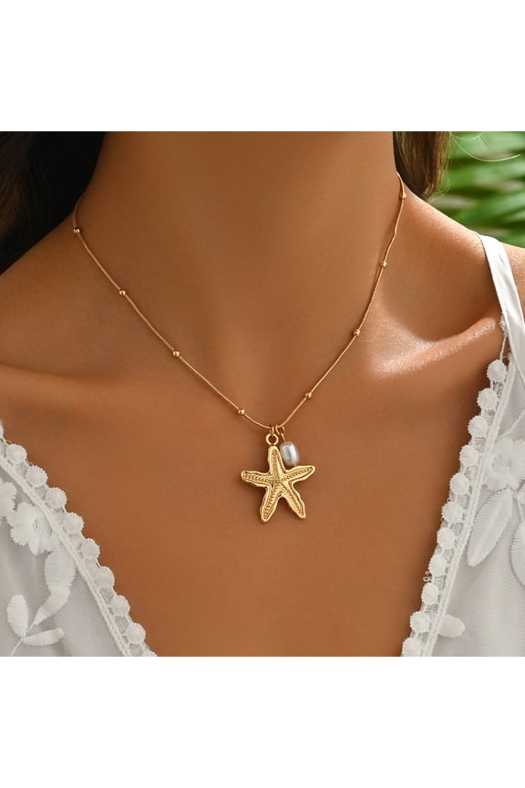 Gold Starfish Necklace 14K Gold Plated Shell Conch Ocean Pendant Necklace for Women Beach Summer Jewelry