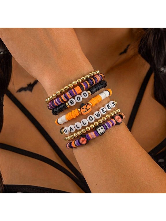 Halloween 7Pcs Stackable Stretch Bracelet Set, Heishi Disc Bead Gold Beaded Bracelets, HALLOWEEN BOO Letter Bead Pumpkin Ghost Charm Layered Wrist Jewelry for Halloween Costume Party