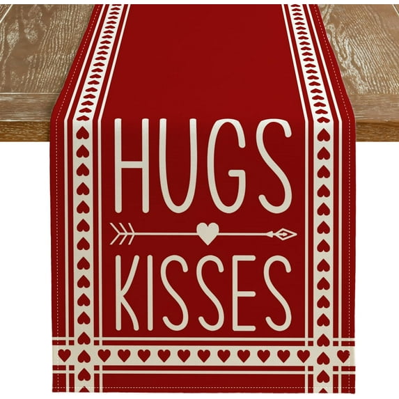 NICKSUN Hugs Kisses Red Valentine Day Table Runner 13 x 72 Inch, Holiday Kitchen Dining Table Decoration