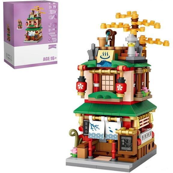 NICKSUN Japanese Street View Hot Spring Store Toys, MOC Construction Creative Japan Architecture Model Set, 399 PCS Simulation Mini Building Blocks Toy for Boys Girls
