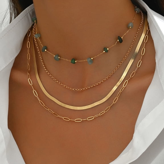 NICKSUN Layered Green Crushed Stone Collarbone Necklace for Women,Retro Bohemian Statement Necklace,Party Banquet Jewelry Accessories