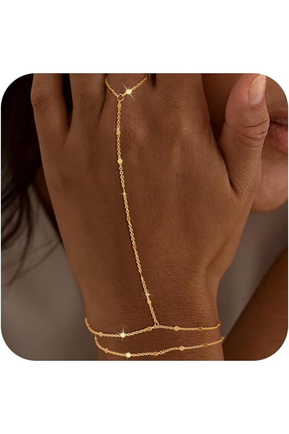 Layered Hand Chain Bracelet Ring Bracelet, 14K Gold Plated Finger Ring Bracelet Zircon  Hand Chain for Women Trendy Jewelry Gifts