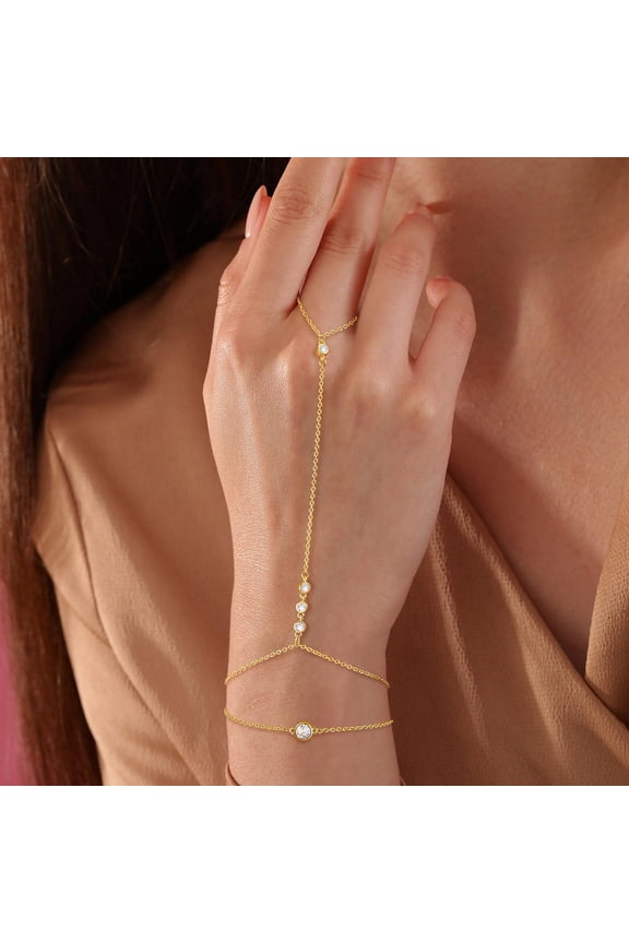 Layered Hand Chain Bracelet Ring Bracelet, 14K Gold Plated Finger Ring Bracelet Zircon Hand Chain for Women Trendy Jewelry Gifts
