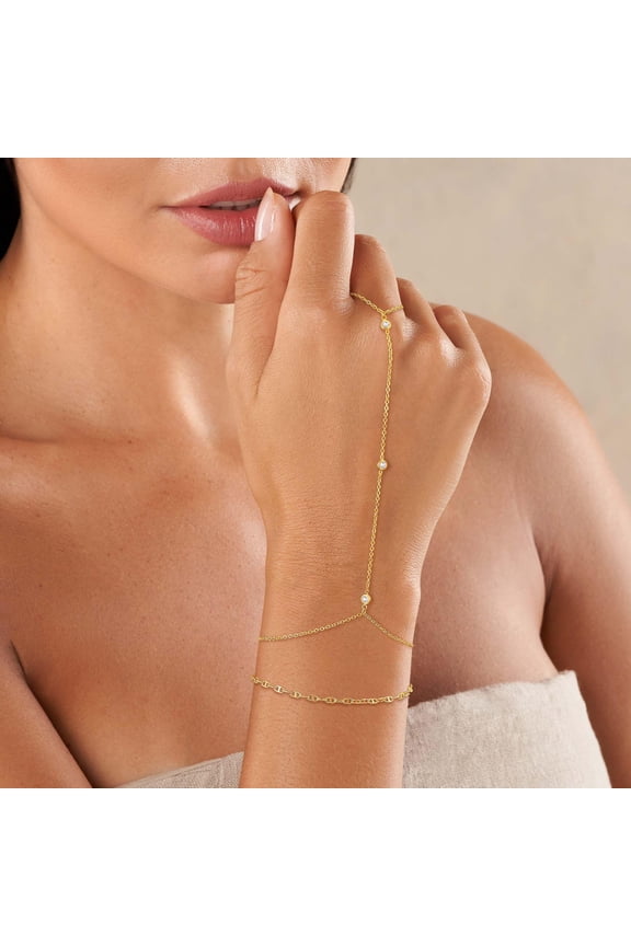 Layered Hand Chain Bracelet Ring Bracelet, 14K Gold Plated Finger Ring Bracelet Zircon Hand Chain for Women Trendy Jewelry Gifts