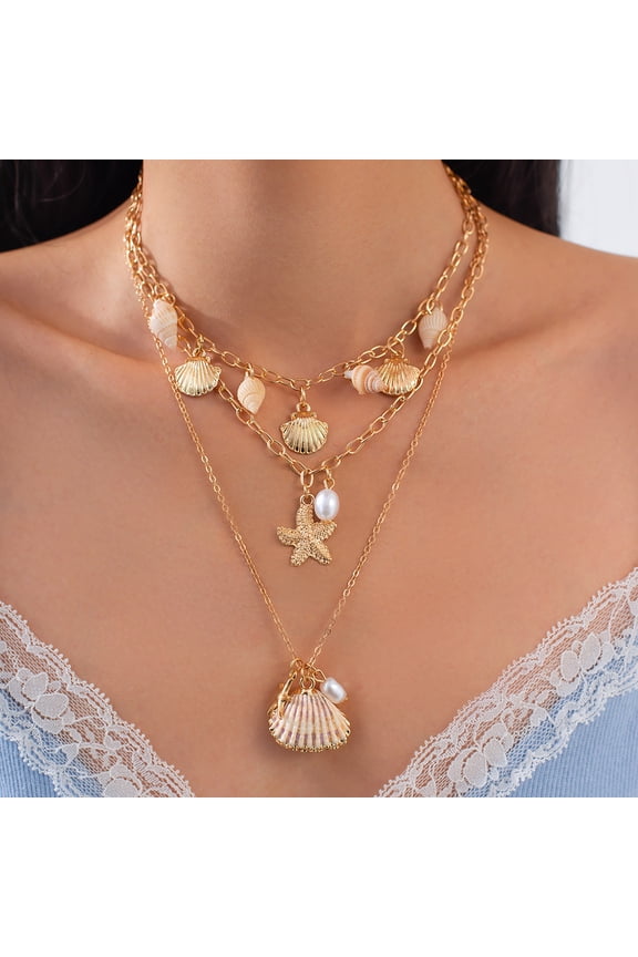Layered Shell Conch Starfish Pendant Necklace for Women, Dainty Seashell Star Pearl Choker Gold Link Chain Necklace Boho Stacked Beach Holiday Jewelry