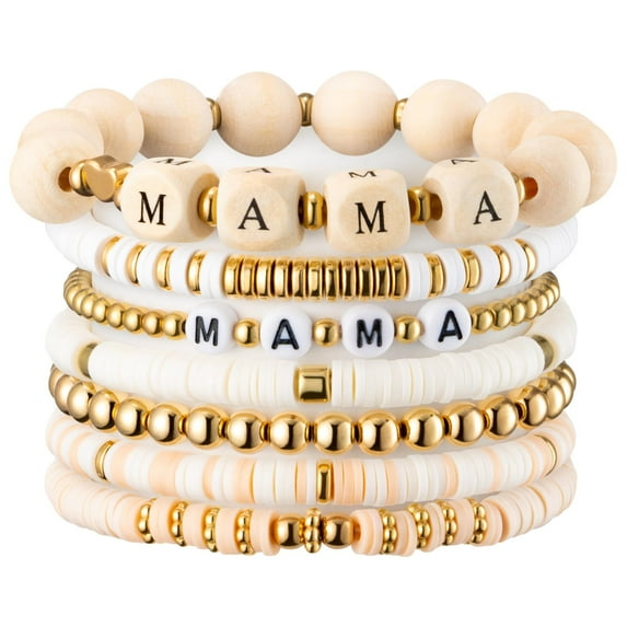 NICKSUN Mama Bracelets For Women Chunky Stack Gold Layered Beaded Bracelet Jewelry Birthday for Mother Gold Plated Charm Bracelets for New Mom