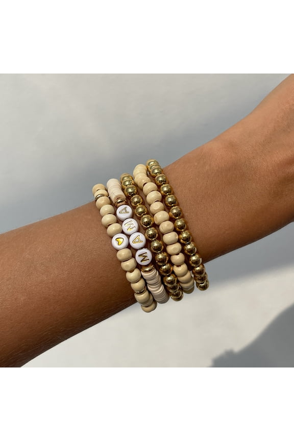 Mama Bracelets For Women Chunky Stack Gold Plated Layered Beaded Bracelet Jewelry Birthday for Mother Charm Bracelets for New Mom