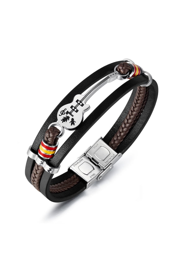 Mens Leather Cuff Bracelet Handmade Black Multi-Layer Cowhide Woven Rope Guitar Bangle, 8.3inch