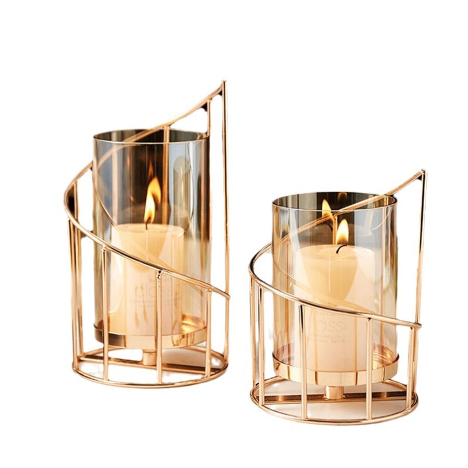 Gold Polished Metal Wire Candle Holder Set with Glass Inserts