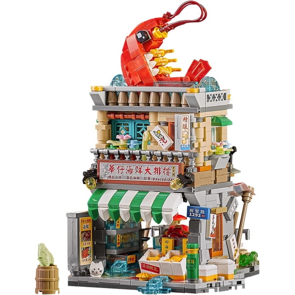 NICKSUN Mini Building Blocks, Seafood Shrimp Shop Street View, MOC Creative Chinese Architecture Toys Model Set, 734 Pieces Simulation Construction Toys for Boys Girls