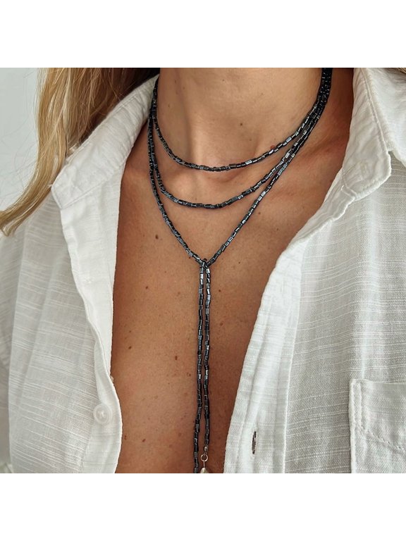 Multi-Layer Beaded Lariat Y Necklace, Adjustable Long Drop Pendant Stackable Bead Chain Necklace for Women, Bohemian Double Strand Slide Choker Neck Jewelry