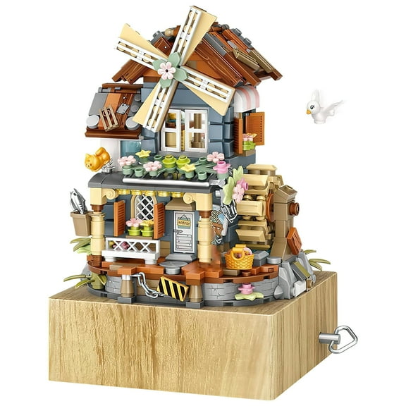 NICKSUN Music Box Building Set, 799 PCS Street View Windmill Mini Building Blocks Kit Toy for Adult
