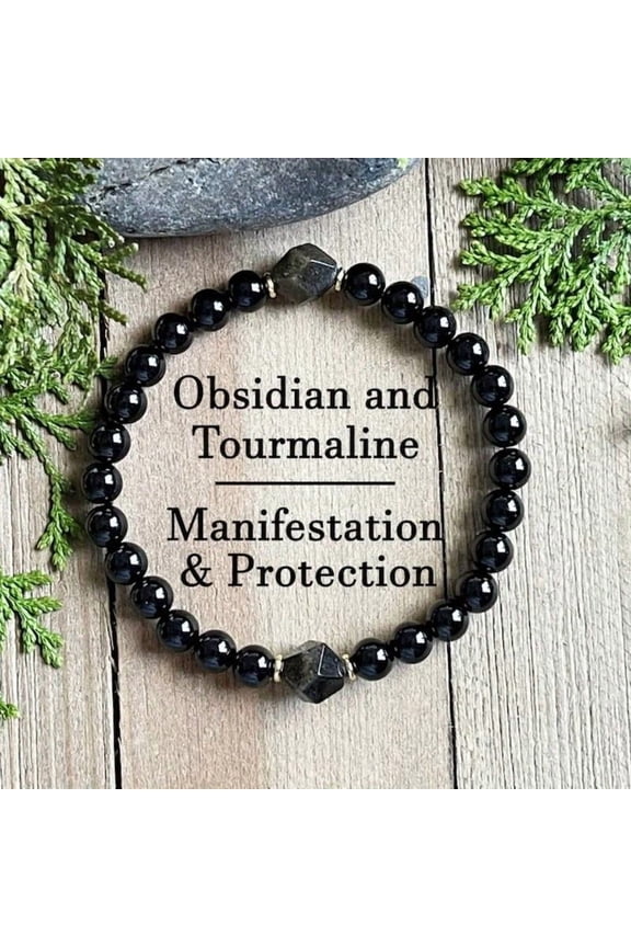Obsidian Tourmaline Bracelet - Natural Healing Crystal Beads for Manifestation, Protection Positive Energy and Spiritual Balance Halloween Jewelry accessory protection