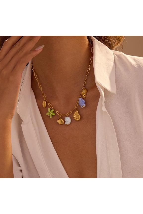 Ocean Beach Multi Charms Pendant Necklace, Gold Plated Starfish Seashell Conch Turtle Mixed Charm Paperclip Chain Necklace, Summer Vacation Bohemian Coastal Jewelry for Women