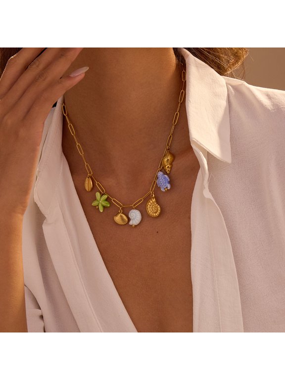 Ocean Beach Multi Charms Pendant Necklace, Gold Plated Starfish Seashell Conch Turtle Mixed Charm Paperclip Chain Necklace, Summer Vacation Bohemian Coastal Jewelry for Women
