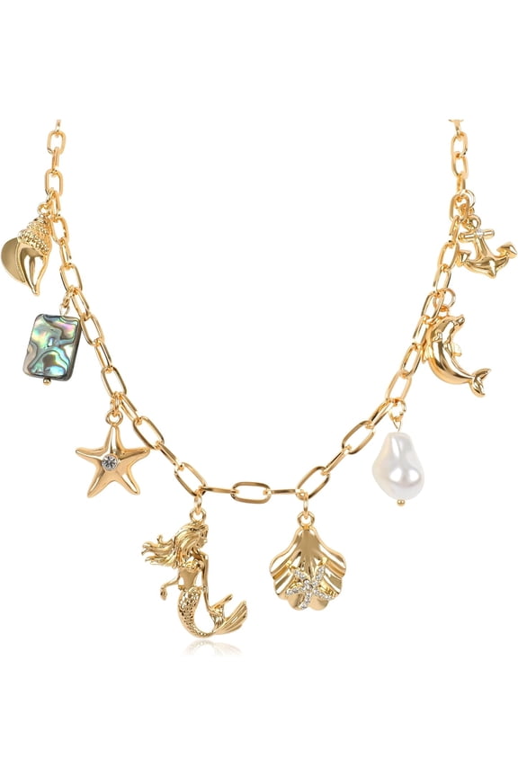 Ocean Charm Necklace for Women, Hawaii Chain Necklace with Cute Dangle Mermaid Shell Pearl Starfish Conch Dolphin Pendant Adjustable Trendy Summer Beach Jewelry Gift for Women
