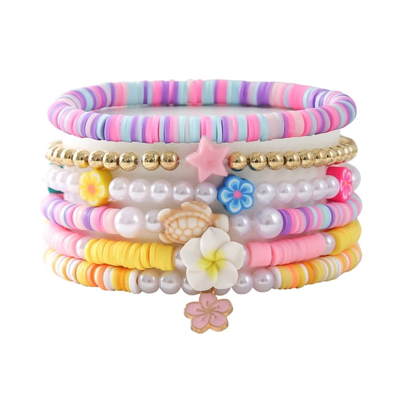 NICKSUN Polymer Clay Flower Shell Bracelet Set for Women Heishi Ocean Element Stretch Bracelet Colorful Surfer Bead Elastic Bracelets Simulated Pearls Tortoise Stackable Bracelets for Women Jewelry