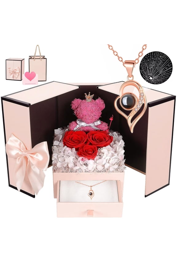 Preserved Rose Gift with Heart Necklace I Love You in 100 Languages,Eternal Rose Gift for Girlfriend, Women, Mom, Wife on Christmas, Valentine's Day,Mother's Day,Birthday,Anniversary