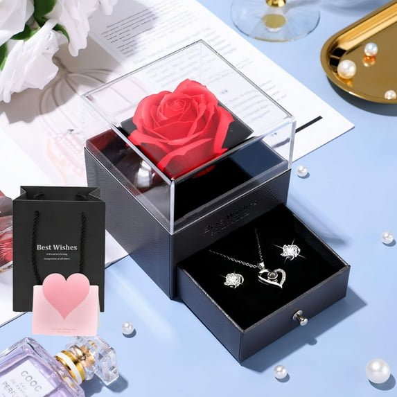 NICKSUN Preserved Rose with Necklace Heart I Love You in 100 Languages Birthday Gift for Her Mom Girlfriend Wife Grandma Romantic Anniversary Mother's Day Gift Box for Women