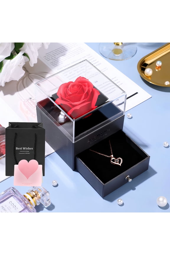 Preserved Rose with Necklace Heart I Love You in 100 Languages Birthday Gift for Her Mom Girlfriend Wife Grandma Romantic Anniversary Mother's Day Gift Box for Women