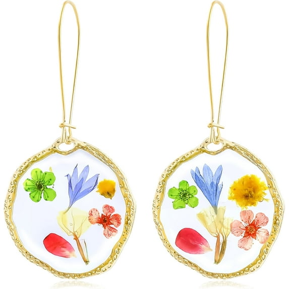 NICKSUN Pressed Flower Teardrop Dangle Drop Earrings for Women, Handmade Unique Resin Dried Flowers Teardrop Earrings, Nature Floral Earings Fashion Summer Jewelry Gift for Her