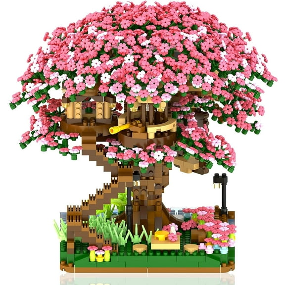 NICKSUN Sakura Tree House Mini Building Set, Pink Cherry Blossom Building Model, Architecture DIY Toy for Adult (2008 Pieces)