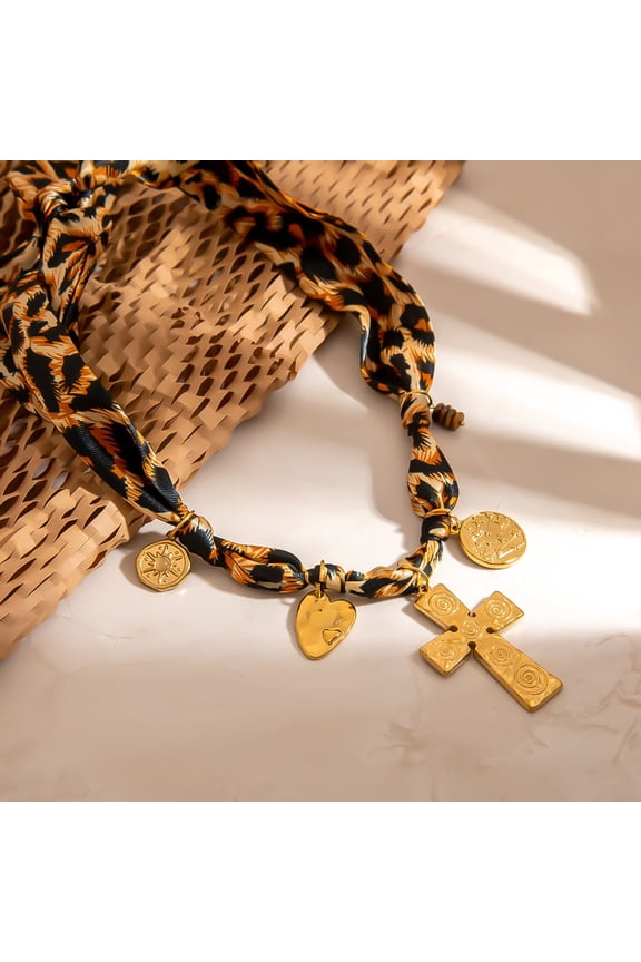 Scarf Necklaces for Women Chunky Gold Heart Cross Pendant Scarf Necklace Bohemian Leopard Choker Necklace with Gold Charm Trendy Jewelry Accessories for Her