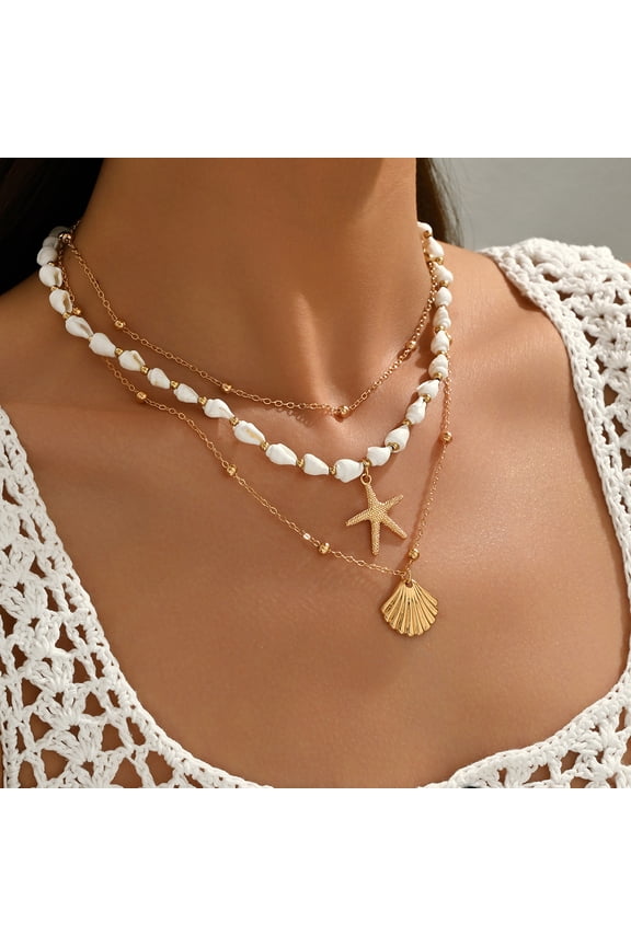 Seashell Starfish Necklace for Women Conch Shell Summer Pearl Beach 14k Gold Layered Dainty Choker