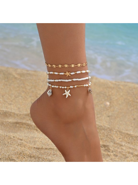 Shell Ankle Bracelet Set for Women, Gold Plated Boho Bead Adjustable Anklet, Hawaiian Beach Seashell Imitation Pearl Heart Starfish Conch Foot Jewelry Gifts