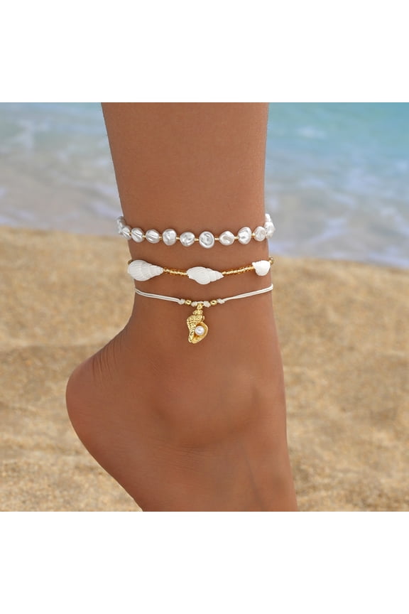 Shell Ankle Bracelet Set for Women, Gold Boho Bead Adjustable Anklet, Hawaiian Beach Seashell Pearl Heart Starfish Conch Foot Jewelry Gifts