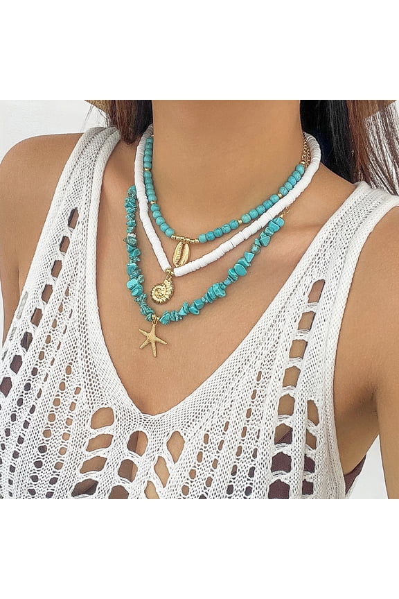 Shell Beach Choker Necklace Set for Women Boho Layered Beaded Adjustable Starfish Conch Shell Nacklace Imitaion Pearl Rice Beads Necklace Summer Ocean Vacation Jewelry